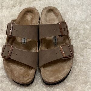 Birkenstock furTaupe Suede Sandals with Copper Buckles